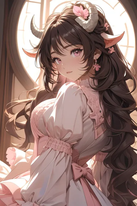 anime girl with horns and dress in front of a window