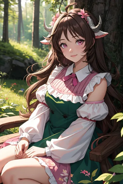 anime girl sitting on a bench in the woods with her long hair blowing in the wind