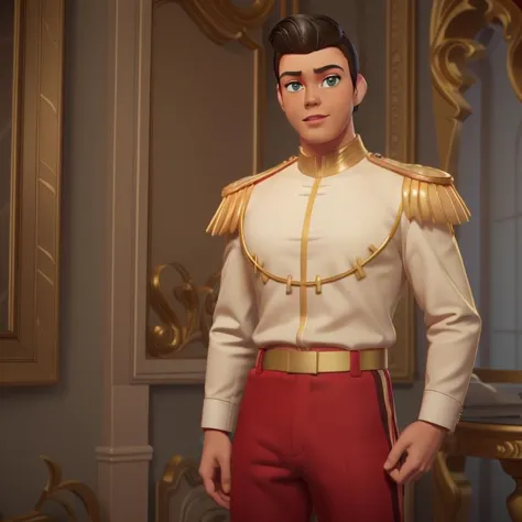 <lora:Prince_C-V1:0.70> Pr1nc3_C,((3d render, pixar style, disney style)),1boy,clothed man posing, slick back hair, ((epaulettes)),aiguillette cord, uniform, (red pants with gold stripe)
(location: castle) <lora:3DMM_V7:0.15> 3DMM, big eyes