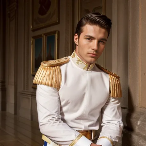 <lora:Prince_C-V1:0.70> Pr1nc3_C,(fashion photograph),1boy,clothed man posing, slick back hair, ((epaulettes)),aiguillette cord, white uniform,
castle