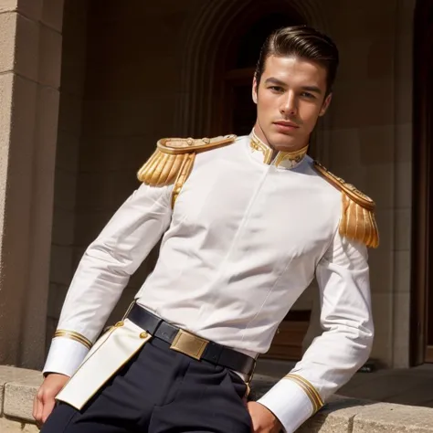 <lora:Prince_C-V1:0.70> Pr1nc3_C,(fashion photograph),1boy,clothed man posing, slick back hair, ((epaulettes)),aiguillette cord, white uniform,
castle