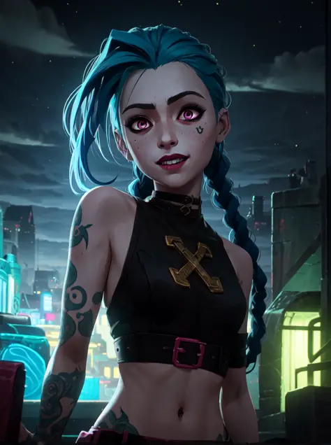 glowing, face focus, portrait, crazy, insanity, glowing pink eyes,arcane style, 1girl, arm tattoo, asymmetrical bangs, bangs, blue hair, braid, brown shirt, cloud tattoo, looking at viewer, laughing, crazy, uncontrollable laugh, mad look, night, city, gree...