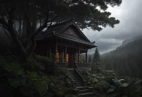 masterpiece, mysterious atmosphere, (()), intricate skirt, a medium shot photo of a fearful necromancer, foreground, (low key), hill, (photorealistic), pine trees, intricate details, you can see a huge music studio integrated into a jungle, trending on ins...