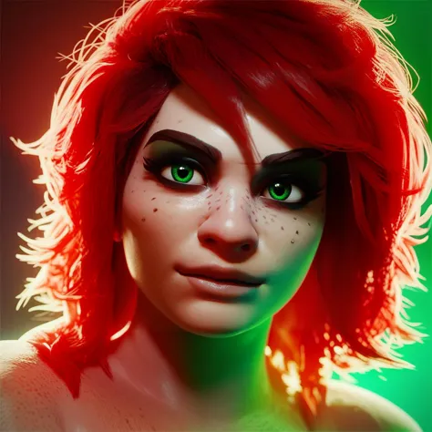 a close up of a woman with red hair and green eyes