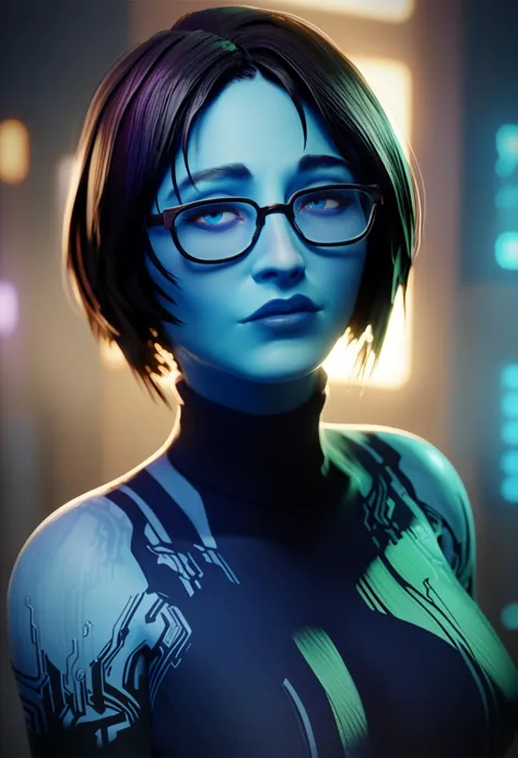 a woman with glasses and a green top in a dark room