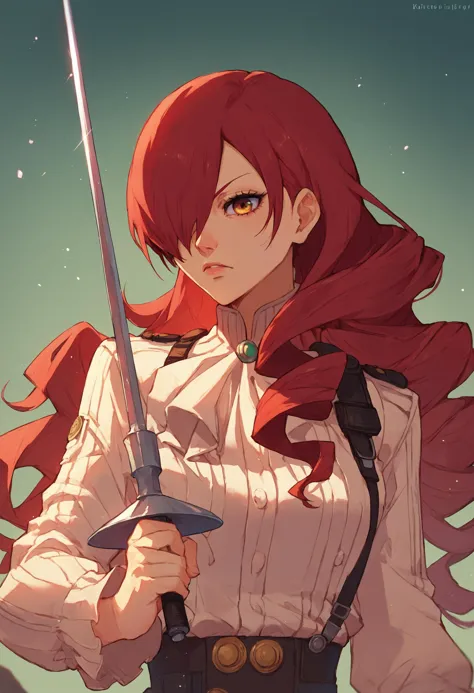 a woman with red hair holding a sword in her hand