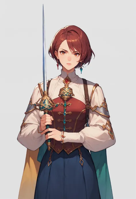 a woman in a dress holding a sword and a sword