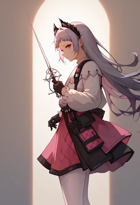 anime girl with sword and pink dress standing in front of a wall