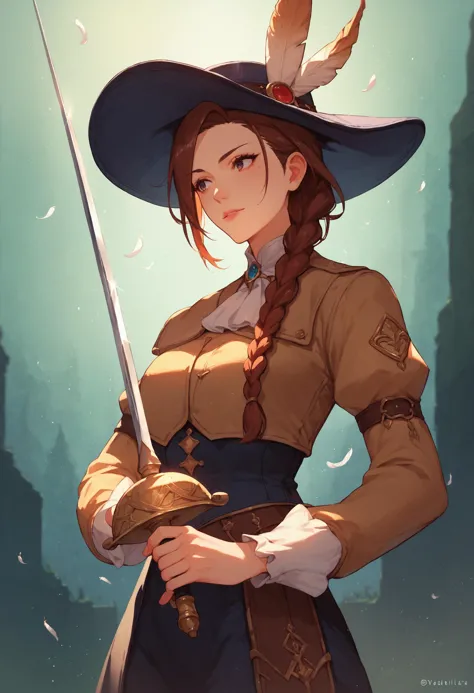 a woman in a hat holding a sword and a bird