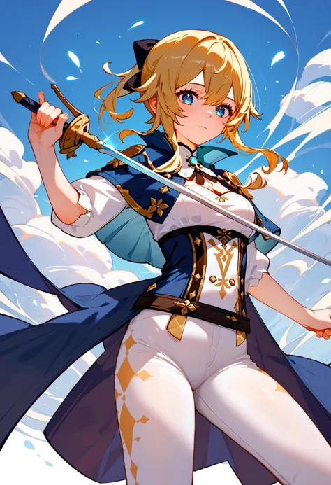 a woman in a blue and white outfit holding a sword