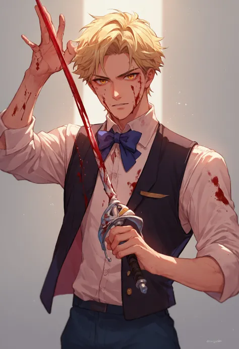 anime guy with a knife and a bow tie holding a knife