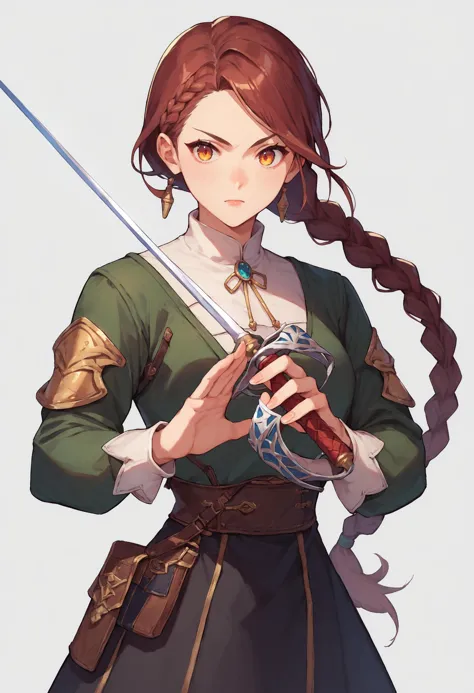 a woman with long hair holding a sword and a bottle