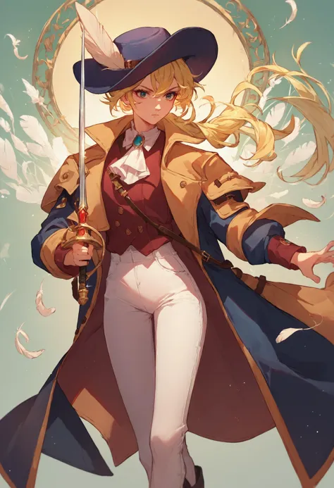 a close up of a person in a hat and coat holding a sword