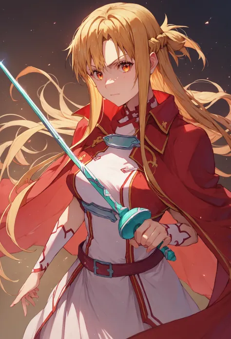 a close up of a woman with a sword in her hand