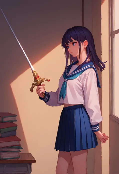 anime girl in uniform holding a sword in front of a window