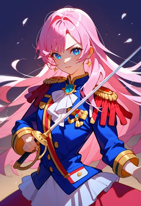 score_9_up score_8_up score_7_up, 1girl, holding sword rapier, pink hair, long hair, blue eyes, epaulettes, jacket
<lora:rapier_pony_ex_c12_d16:1>