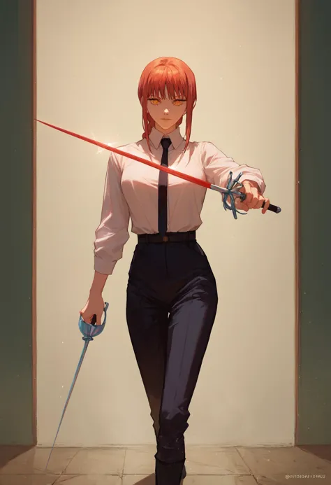 anime girl with red hair holding a sword and a sword