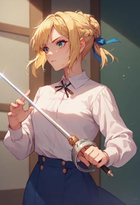 score_9_up score_8_up score_7_up, 1girl, holding sword rapier, blonde hair, saber, hair ribbon, french braid, white shirt
<lora:rapier_pony_ex_c12_d16:1>