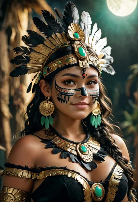 (medium full shot) of (powerful aztec) young woman, full-figured build, wearing an aztec black noble attire with gold and jade a...