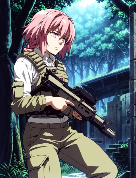 masterpiece, best quality,1girl, otoko no ko, cute, Astolfo standing, in jungle,pink hair, long hair, long braid,hair intakes, white hair, purple eyes, wearing military harness, military vest, bandoliers, utility west, army man, camo pants, holding shotgun, vegetation, bushes, trees, 
 <lora:Ghost in the Shell Style-000002:0.82> ,<lora:Astolfo:0.4>,  <lyco:BetterGuns-V1:0.88>