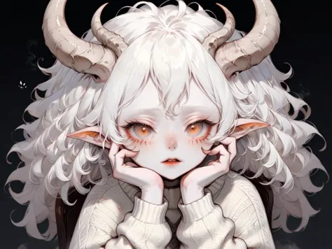 albino demon girl with lethargic sleepy smokey eyes her hands under her chin, white curls, wearing a sweater, (long intricate ho...