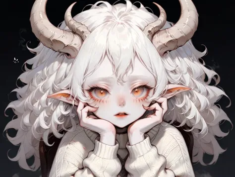 albino demon girl with lethargic sleepy smokey eyes her hands under her chin, white curls, wearing a sweater, (long intricate horns:1.2), anime 