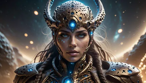 a woman in armor with horns and a glowing halo