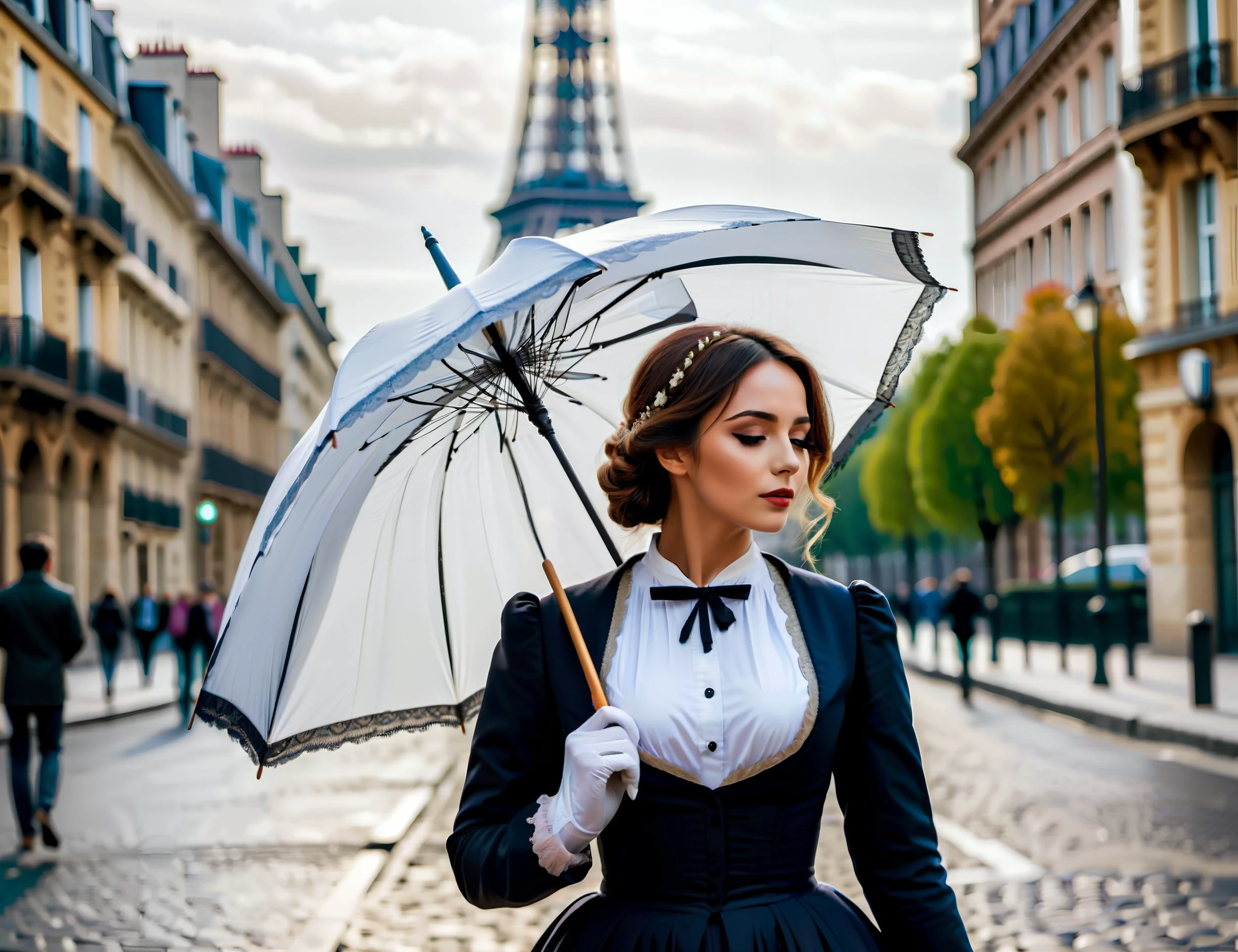 Tiempo victoriano,  paris Francia, Una mujer parisina con un vestido tradicional., paraguas blanco, de moda, joven, caminando por la calle adoquinada, hora del día, Torre Eiffel, foto, alta definición, Obra maestra, mejor calidad, alta calidad,   película fija, película fija, cinematográfico, cinematográfico Shot, cinematográfico Lighting ,  atractivo,