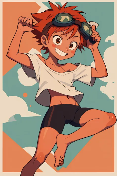 edward, tomboy, orange hair, spiked hair, brown eyes, blush stickers, loose shirt, off shoulder, barefoot, bike shorts, (goggles...