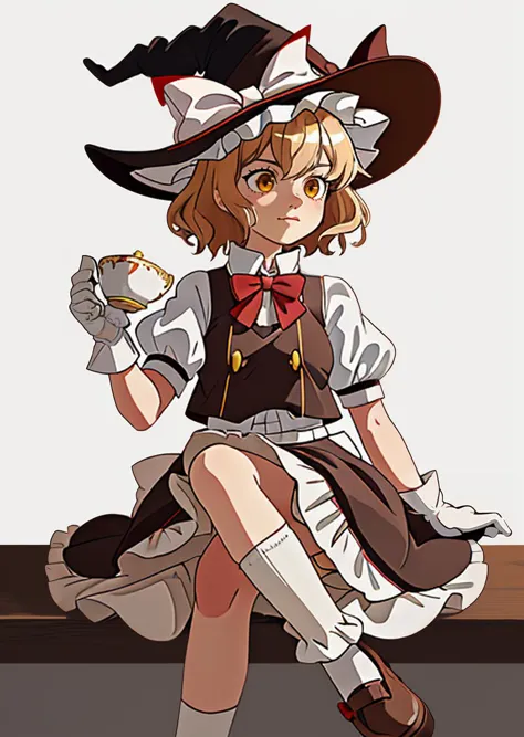 frills, hat, 1girl, brown vest, white socks, ribbon, petticoat, yellow eyes, bow, brown headwear, gloves, red bowtie, brown skir...