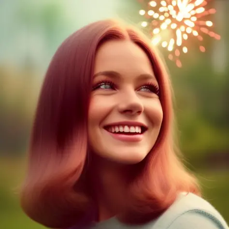 retro photography, 1960s , agfa, kodak, 1girl,  portrait,fireworks,looking_at_viewer,  smile, trending on artstation, octane ren...