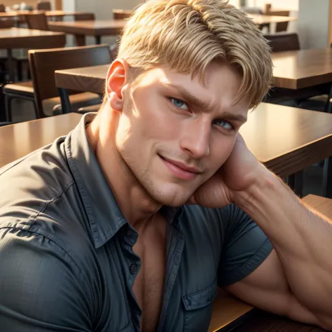 reiner braun, modern setting, sitting on a chair, taking a coffee, looking at you, blue shirt, unbuttoned, pectorals, beard, clo...