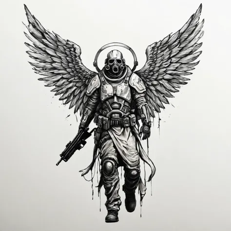 <lora:MinTattooXL:1>, drawing of a minimalist tattoo, a post-apocalyptic guardian angel
