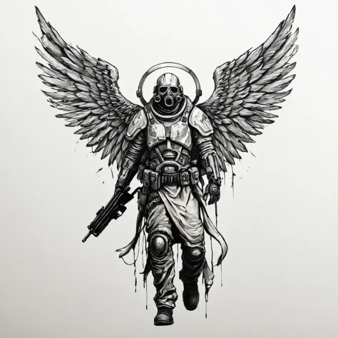 a drawing of an angel with a gun and a helmet