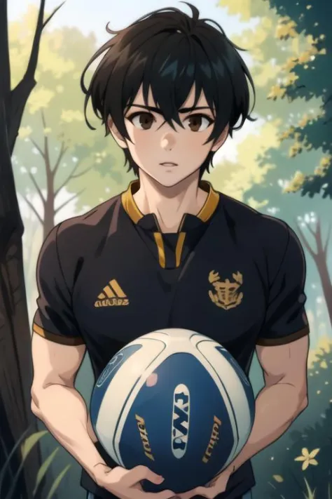 masterpiece, best quality, , 1boy, solo, male focus, looking at viewer, , depth of field, ligne claire, realistic, <lora:keitarou_gentouga:0.68>, keitarou_gentouga, black hair, brown eyes, rugby shirt, , The Enchanted Forest,