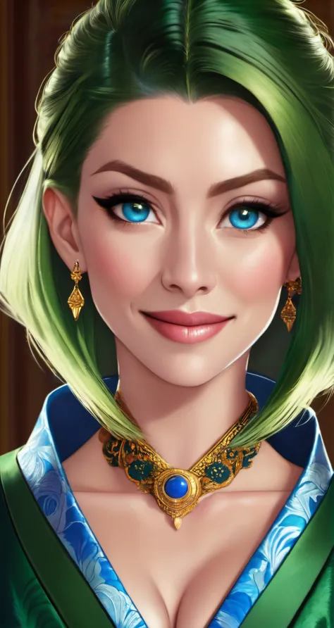 a woman with green hair and blue eyes wearing a green dress