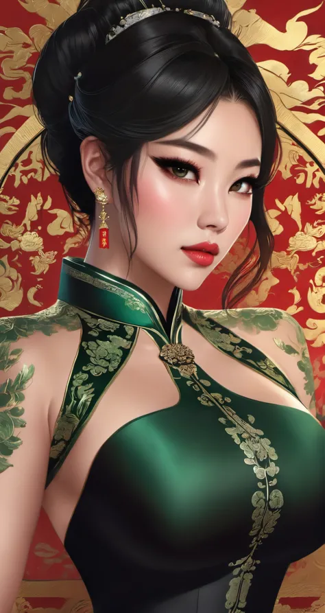 ([gabbie carter|emily 18|jodi taylor]:0.9), beautiful young woman, babes style,
jade empress cheongsam looking silken chinese elegant, [cartoon, vector art, anime :realistic, real life, hyper realistic:0.15], 
symmetrical face, large breasts, fit, well dressed, body suite,
with a touch of gothic aesthetics, splendid 8K masterpiece,
best quality, masterpiece, detailed,  <lora:babes_style_sdxl_1.0:0.6>