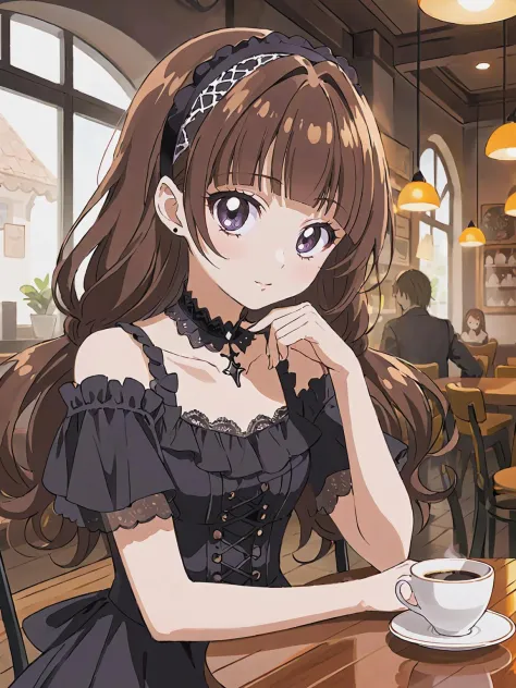 1girl, solo, in well-decorated cafe, upper body, table, coffee cup, looking aside, gothic dress, collarbone, <lora:Amanogawa Kirara XL:0.7> Amanogawa Kirara, hair band, brown hair,