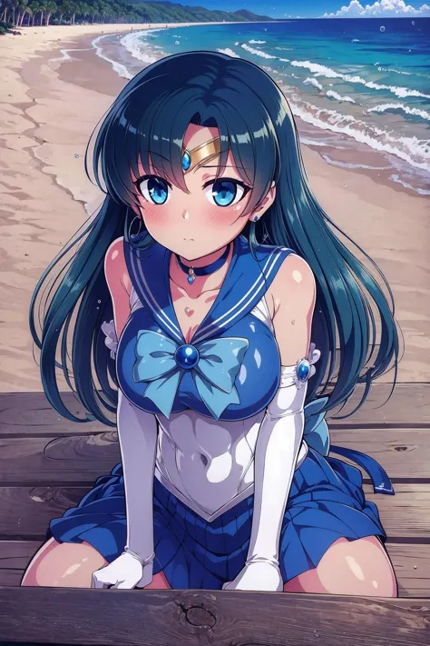 anime girl sitting on a wooden platform near the ocean