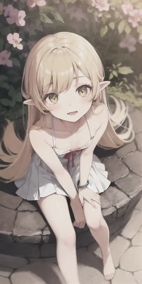 1girl,solo,(oshino_shinobu),masterpiece,(blonde) (blonde_hair), (yellow_hair), ((long_hair)), ((bangs)), (yellow_eyes), blush, innocent face, pointy_ears, (blush_stickers),flat_chest,dress, bow, bracelet, fangs,beautiful, sharp, smooth skin, bloom,blush,between legs,portrait global illumination, hdri, subsurface scattering,raytrace, beautiful, sharp, smooth skin, bloom, anime sunset, skinny,nipples,