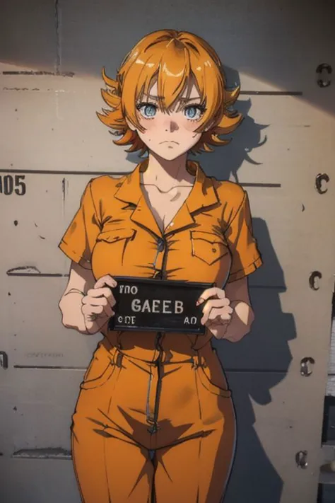 수배, woman s 수배 holding placard, 어두운 테마, 
부서지다,
하다, 하다 입고 orange prison jumpsuit, 큰 가슴, 당황스러운,
부서지다,
((Sad woman prison 수배)), 입고 ((주황색 단추가 달린 감옥 죄수복 유니폼, 반소매 탑)),(서 있는),
부서지다,
Generate a 수배