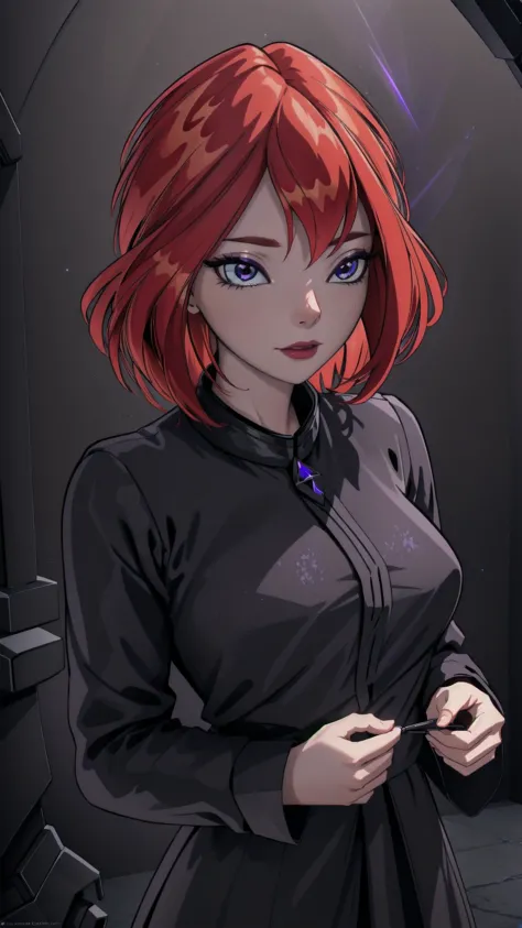 a close up of a woman with red hair and a black shirt