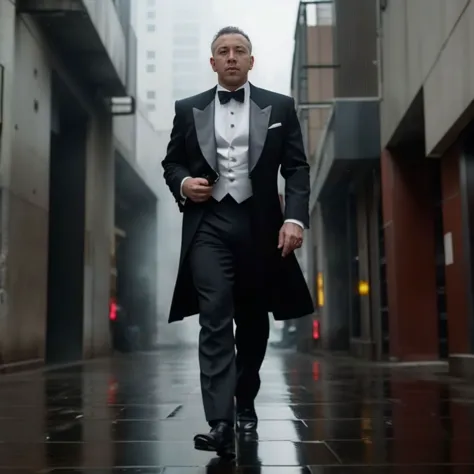 arafed image of a man in a tuxedo walking down a street