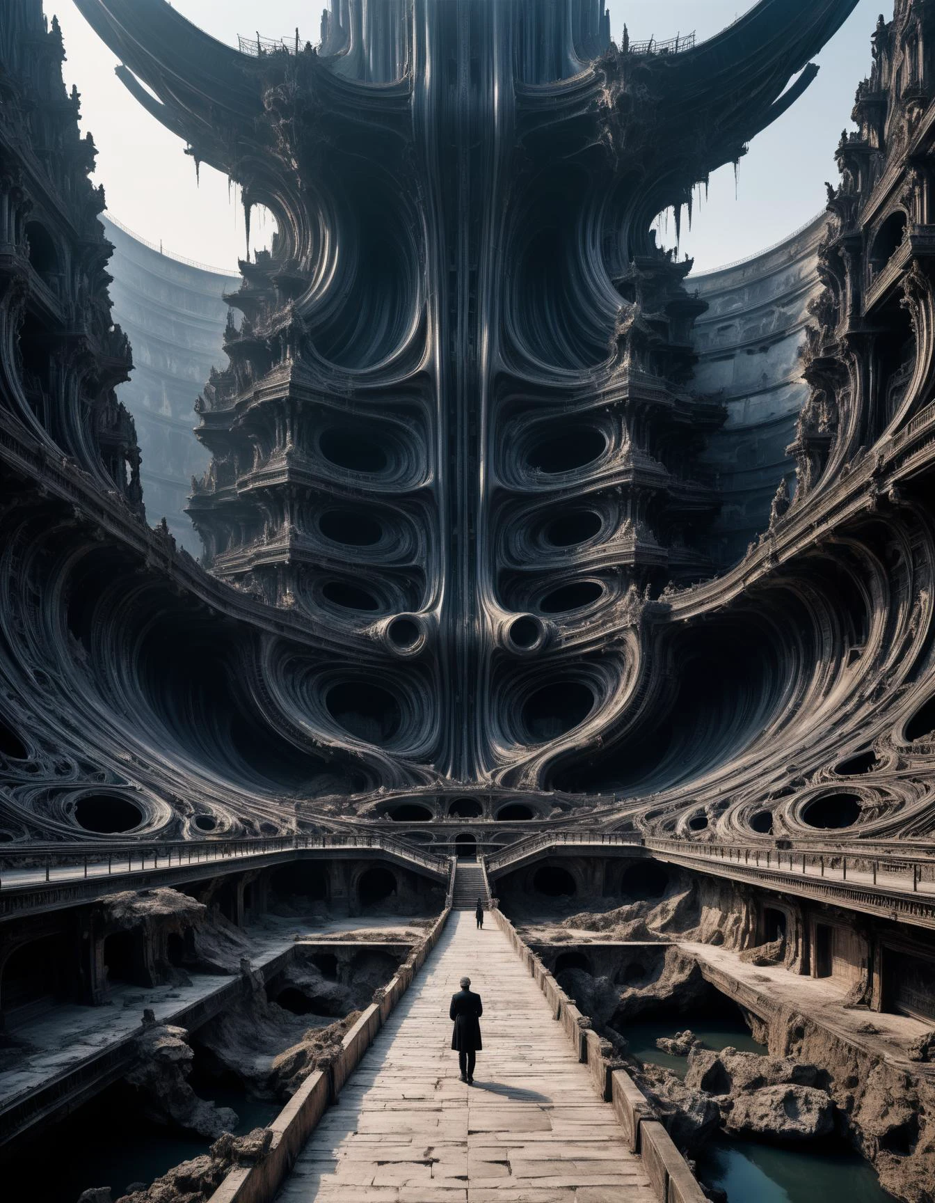 professional photograph of a unfortunate and epic landscape  by  H. R. Giger and Christian Boltanski and massimo vitali , bold lines, hyper detailed, dark limited palette, dramatic lighting,  (intricate details, masterpiece, best quality:1.4),
