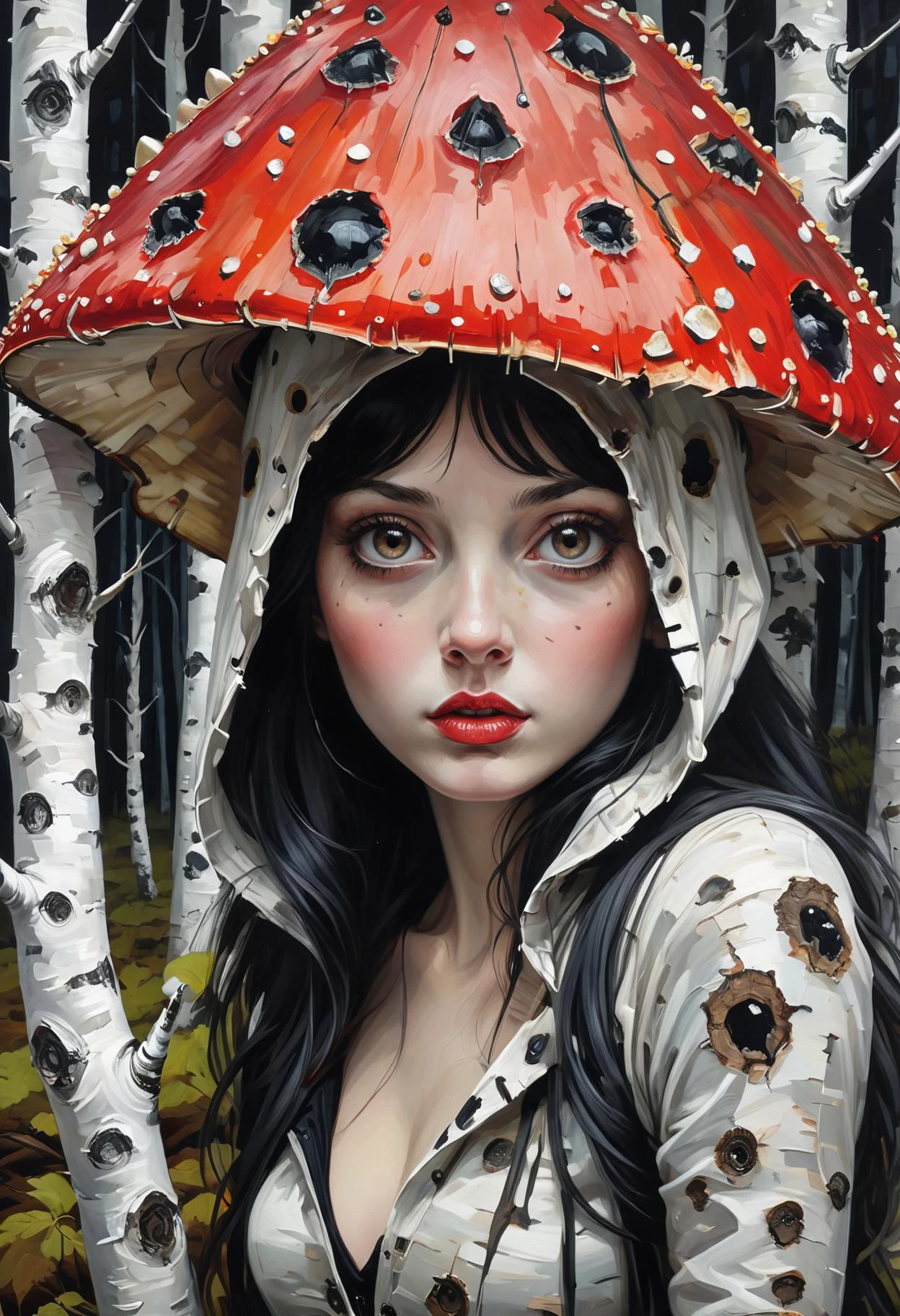 super closeup portrait,majestic animal, Create an evocative scene in the style of Jim Salvati with a photograph capturing the essence of a fly agaric figure in a haunting birch forest. The figure, shrouded in mystery, attempts to conceal itself behind a birch tree, casting furtive glances towards the viewer. Emphasize the stark contrast of the black-and-white birch bark, infusing the image with a sense of darkness, enchantment, and post-apocalyptic allure.
