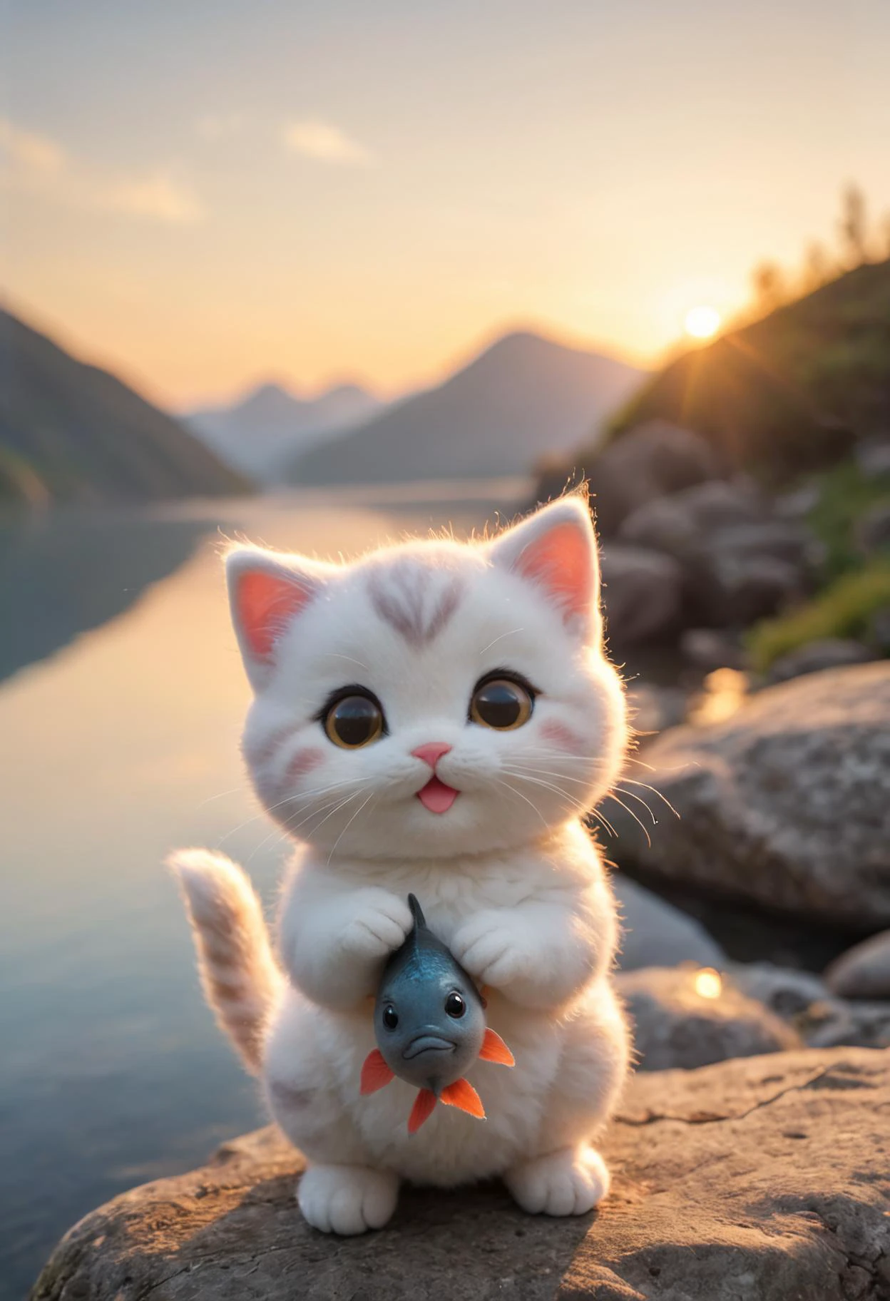 a small, simple, cuddly felt fat kitten holding a fish in its tiny hands, gazing directly into the camera with a joyful smile. The scene is so sweet that it melts even the toughest hearts. Describe the loving atmosphere created by the combination of felt, smiles, and hearts diring a beautiful sunrise 