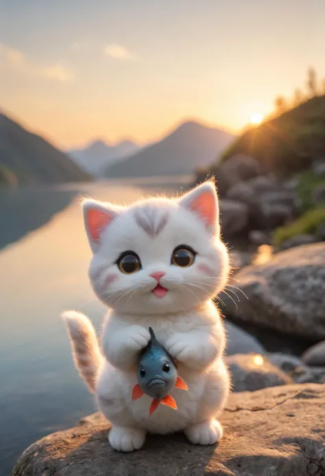 a small, simple, cuddly felt fat kitten holding a fish in its tiny hands, gazing directly into the camera with a joyful smile. T...