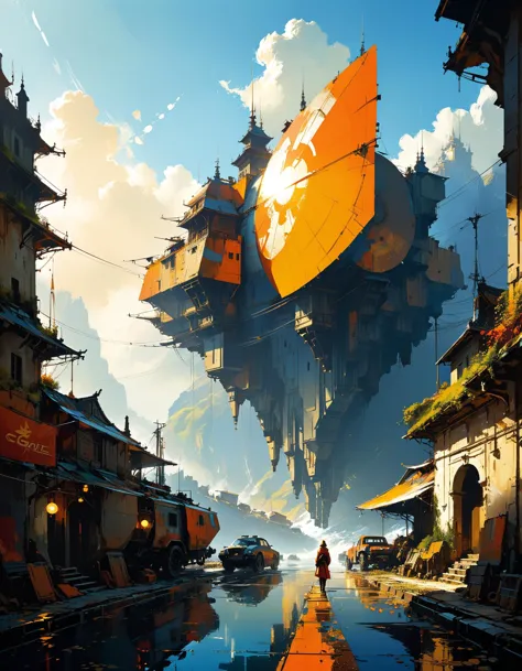 by Sparth and Eugene Galien-Laloue,  (radiant , sad , masterful:1.4), poster art, bold lines, hyper detailed, expressive,  award winning,  (landscape:1.4), (intricate details, masterpiece, best quality:1.4),
looking at viewer, dynamic pose, wide angle view...