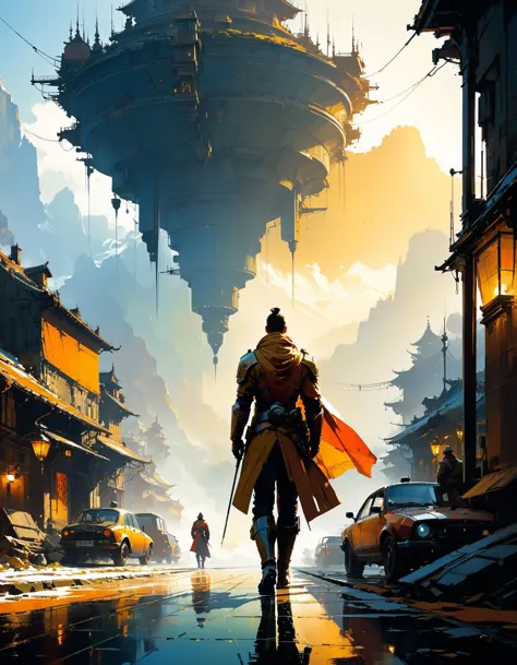 by Sparth and Eugene Galien-Laloue,  (radiant , sad , masterful:1.4), poster art, bold lines, hyper detailed, expressive,  award winning,  (landscape:1.4), (intricate details, masterpiece, best quality:1.4),
looking at viewer, dynamic pose, wide angle view...