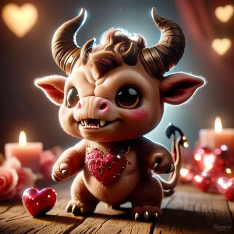 a close up of a toy with horns and a heart on it